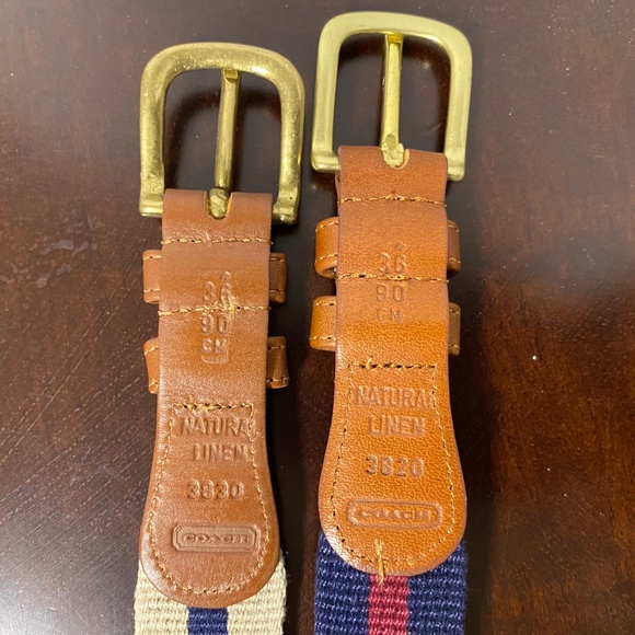 2 Vintage Coach Belt Unisex 36 Navy • Tan Natural Linen & Leather Brass - Picture 3 of 5